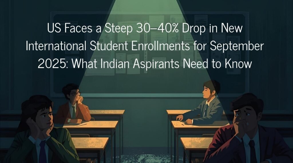 Illustration of students in a dimly lit classroom looking concerned, with headline text about a 30–40% drop in US international student enrollments for September 2025, highlighting implications for Indian aspirants.