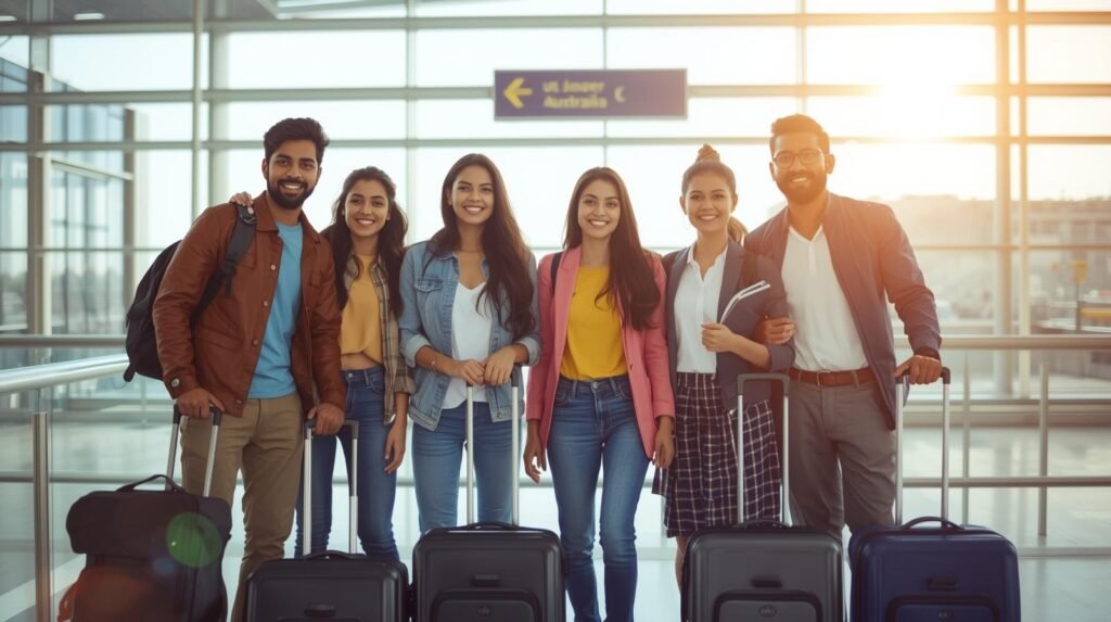 A group of smiling Indian students, dressed in modern casual attire, stand together at an airport, luggage at their feet, ready to depart for Australia. The image is bright, conveying excitement and optimism.
