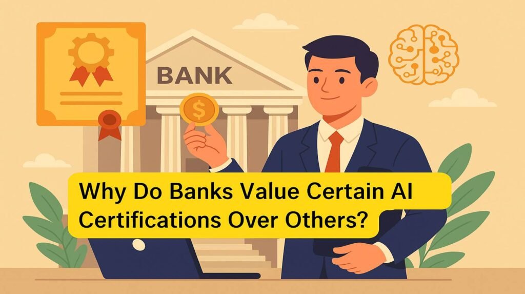 Illustration of a banker holding a coin in front of a classical bank building, with icons of a certificate and AI brain, highlighting the value of AI certifications in banking.