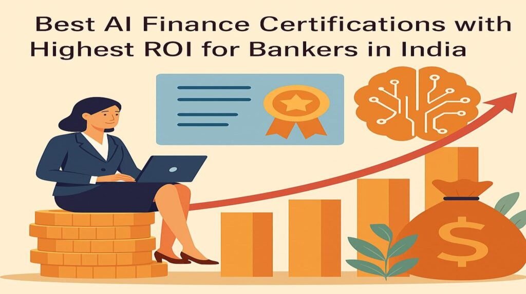 Illustration of a professional woman sitting on stacked coins with a laptop, alongside icons of a certificate, AI brain, bar chart, and money sack, representing best AI finance certifications with highest ROI for bankers in India 2025.