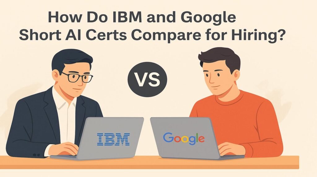 Digital illustration showing two professionals at laptops with IBM and Google logos, comparing short AI certifications for hiring.