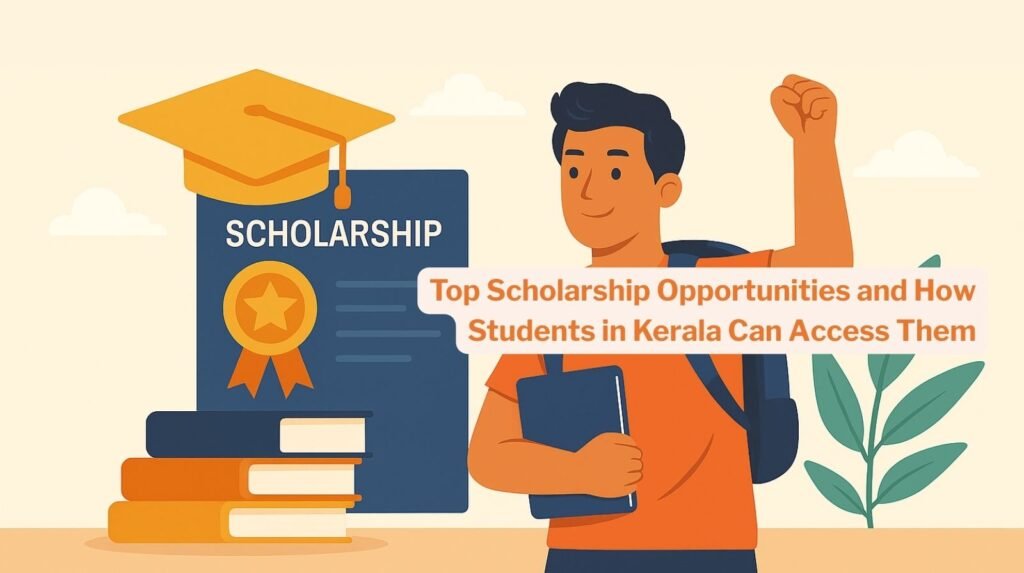 Illustration of a student in Kerala celebrating scholarship success, with a scholarship certificate, graduation cap, and books beside him.